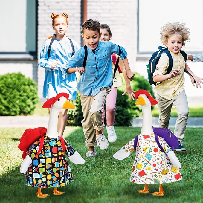 2 Set Halloween Porch Goose Outfit Set for 23'' Plastic Garden Statue Lawn Porch Goose Clothes Costume Accessories for School Outdoor Home Patio Yard Decor(Schoolbag Style)