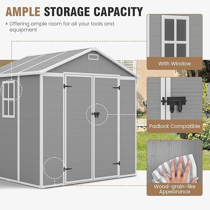 Amopatio 8x6 FT Storage Shed, Resin Outdoor Shed with Floor Included, Plastic Sheds Outdoor Storage for Bike, Garden Tools, Sheds & Outdoor Storage with Lockable Door, Window & Vents, Grey & White