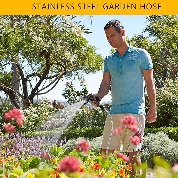 50ft Metal Garden Hose Stainless Steel Heavy Duty Water Hose With 2 Nozzles, No Tangle and Kink, Lightweight & Flexible, Tough and Pet Proof, Metal Garden Hose for Yard, RV, Garden, Outdoor
