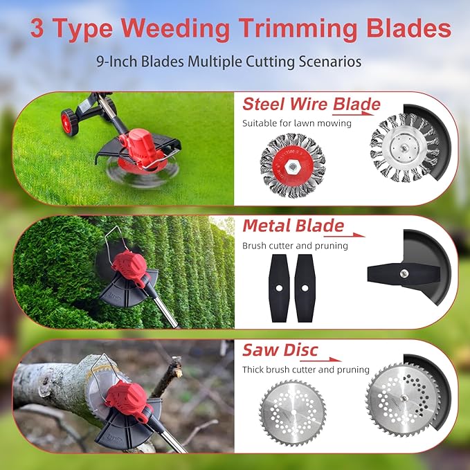 20000 RPM Electric Weed Wacker with Wheel, 3-in-1 Brushless Brush Cutter/String Trimmer/Grass Trimmer/Lawn Mower, 9" Cordless Weed Eater Battery Powered, 2 * 2000mAh Battery, 4 Blade and Charger