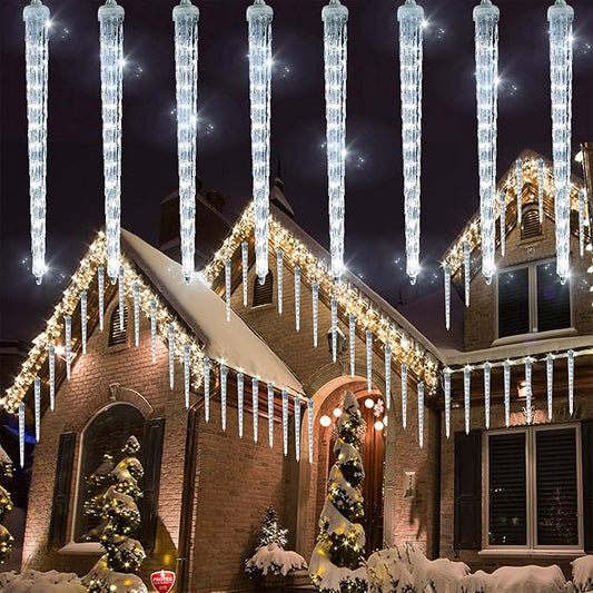 WATERGLIDE 16 Icicles Meteor Shower Lights, 12" Outdoor Icicle Christmas Lights 384 SMD LED Crystal Ice Falling Light, Connectable Raindrop Iciclelight, Xmas Winter Party Tree Holiday Decor, White