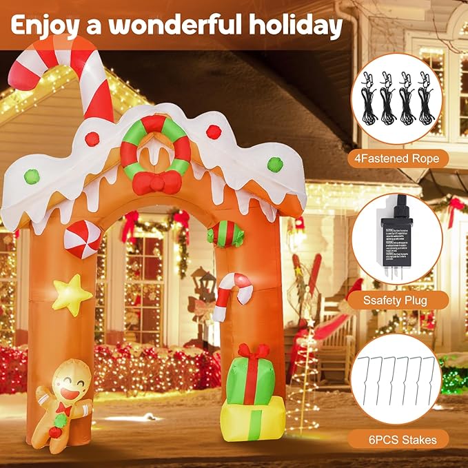 DearSun 10FT H Christmas Inflatable Gingerbread House Archway with Build-in LED Lights, Blow up Christmas Inflatable Outdoor Decorations Large Party Yard Decoration