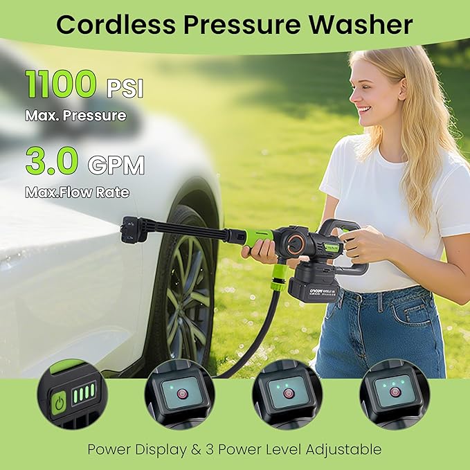 1100PSI Portable Cordless Pressure Washer - 4.0Ah Long-Lasting Battery, Powerful Brushless Motor, 3 Pressure Levels, 6-in-1 Nozzle, Foam Cannon, Perfect for Car Yard Cleaning Garden Watering