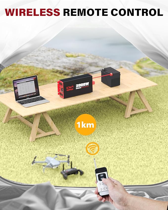 2000 Watts Pure Sine Wave Power Inverter 12V DC to 110V 120V AC Converter for Home RV Off Grid Truck Solar System Inverters with Type-C PD30W USB QC3.0 Port 4 AC Outlets LCD Display and Remote Control