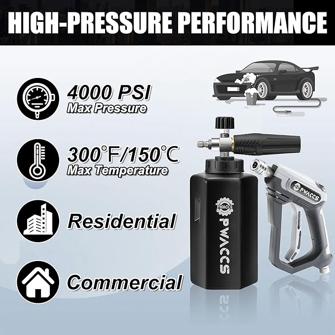 PWACCS Pressure Washer Foam Gun, Short Pressure Washer Gun, Foam Cannon for Car Wash Kit with 1/4" Quick Connector, Pressure Wash Handle for Power Washer with M22 Male Inlet, 4000 PSI, 1.5 Liter
