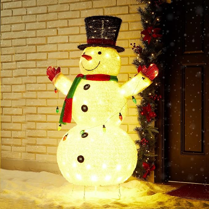 Glitzhome 47.25" H Lighted Christmas Snowman, 3D Foldable Fabric Outdoor Decor with Colorful Bulbs Holiday Lawn Ornament Yard Decoration Outdoor and Indoor use Long-Lasting, 160 Warm White LED