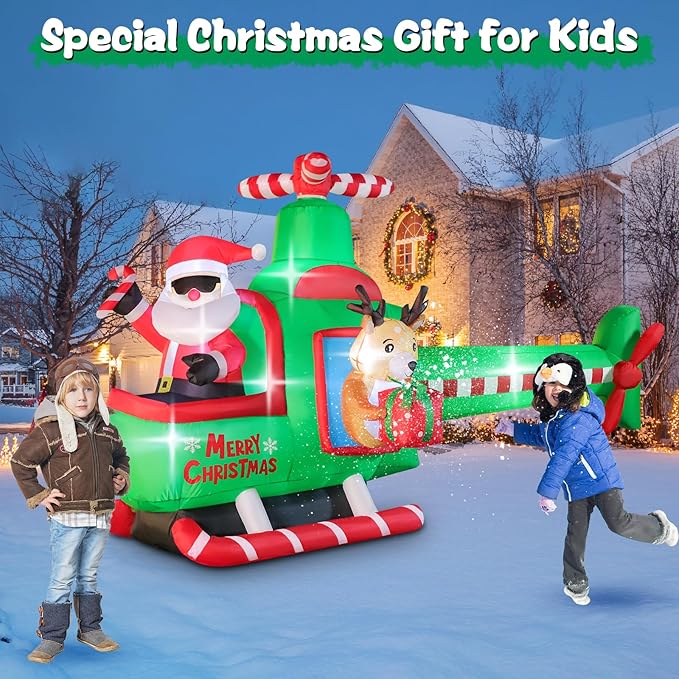 8.5 FT Long Christmas Inflatable Outdoor Decorations, Blow Up Santa Claus Helicopter with Bright LED Lights, Christmas Santa and Reindeer Flying Airplane for Xmas Decor, Lawn, Yard Holiday Party