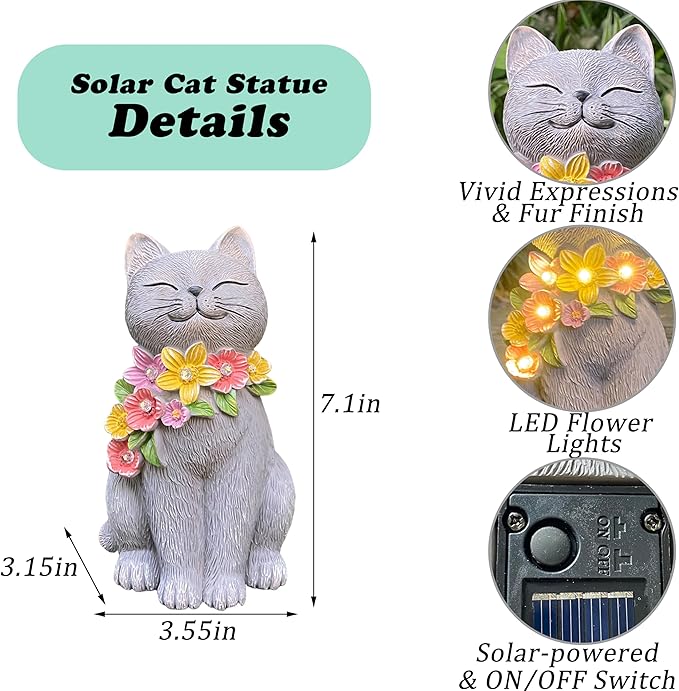 Solar Cat Garden Statue for Outdoor Decor, Cat Solar Light with Flowers, Resin Cats Figurine for Garden, Yard, Lawn Decor, Cats Lover Gifts for Women