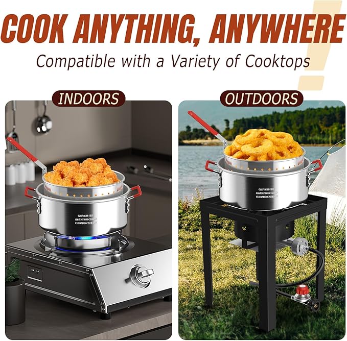10QT Aluminum Fish Fryer Pot with Basket | Deep Fryer with Lid | Thermometer | Fryer Tongs & Easy Grip Handle for Cooking Seafood | French Fries | Chicken Wings