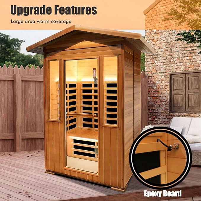 2 Person Outdoor Sauna Infrared Saunas Dry Sauna Room Red Cedar and Canadian Hemlock Wood Wooden Sauna Spa 1800W APP Control 7 Color Light 48.8 * 37 * 87.4inch