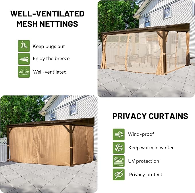 10x14FT Lean to Gazebo, Outdoor Hardtop Wall Mounted Gazebo with Gutter & Sloping Galvanized Steel Roof, Metal Frame Mount Gazebos with Netting & Curtain for Deck, Porch, Backyard