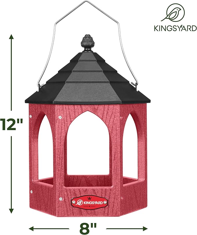 Kingsyard Platform Bird Feeder for Outdoor Hanging - Gazebo Style Recycled Plastic Wild Bird Feeding Station with Rain-Proof Roof & Metal Mesh Tray. Red