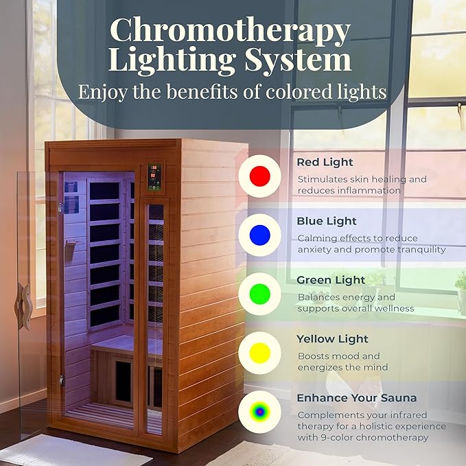 DYNAMIC SAUNAS Barcelona 1- to 2-Person Low EMF FAR Infrared Sauna with Red Light Therapy & Bluetooth Speakers | Personal Indoor Dry Heat Sauna for Home & Gym – Made from Canadian Hemlock