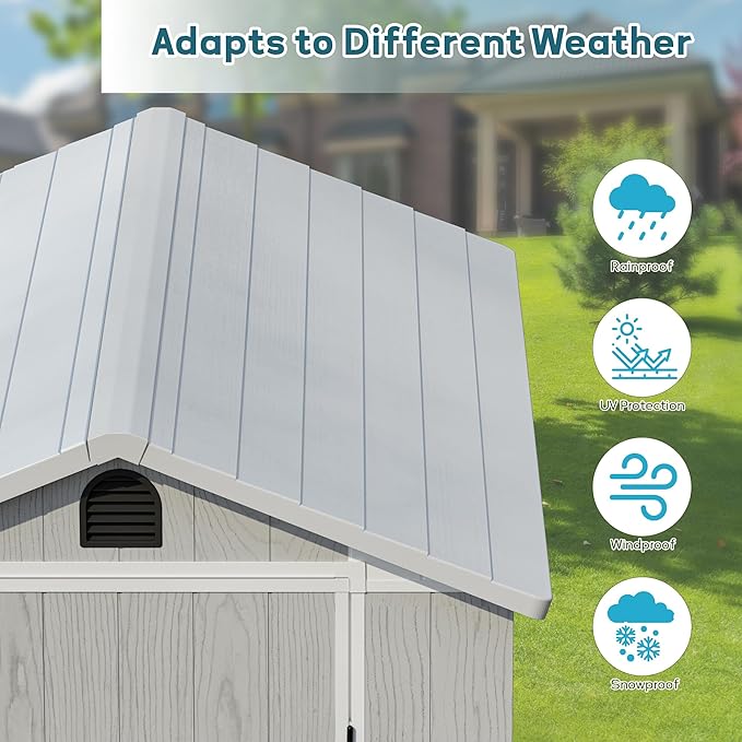 Greesum 4x6FT Plastic Outdoor Storage Shed with Floor, Resin Storaged Sheds with Lockable Door, Window & Vent, All-Weather Tool House for Garden, Backyard, Patio, Light Gray (One-Piece Panel)