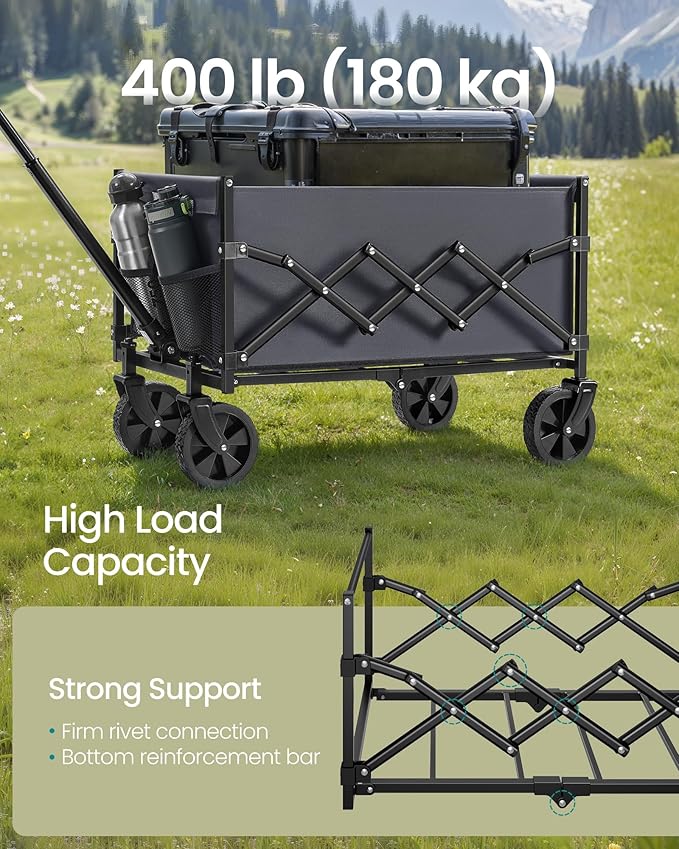 SONGMICS Small Collapsible Wagon with 400 lb Dynamic Weight Capacity, Foldable Wagon Cart, Folding Camp Cart with Wheels, for Outdoor, Yard, 90 L, Slate Gray UGFW909G01