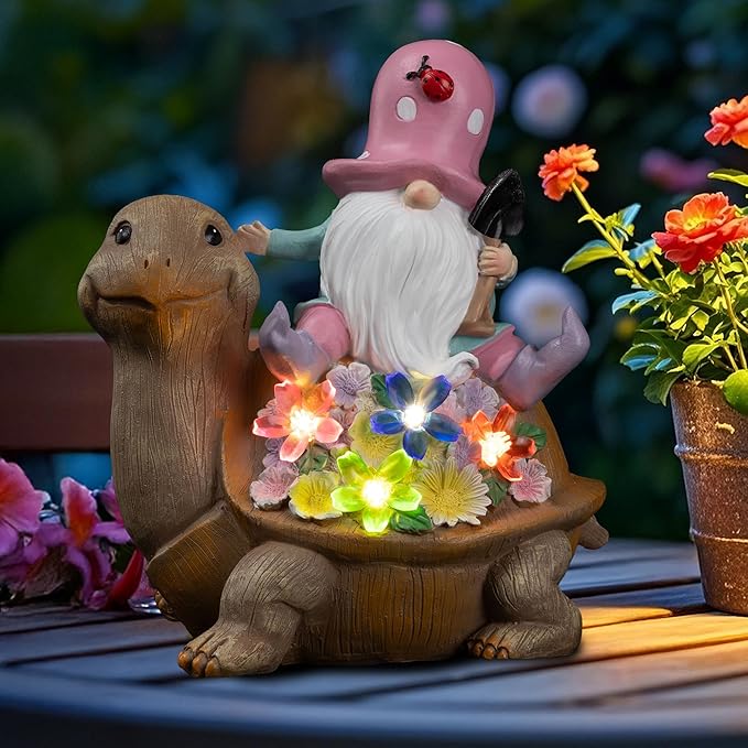 Solar Garden Outdoor Statue Turtle Gnome with Succulent and LED Light - Patio,Lawn,Garden,Tortoise Statue for Patio,Unique Housewarming Gifts