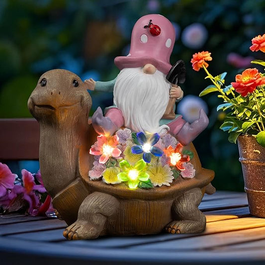 Solar Garden Outdoor Statue Turtle Gnome with Succulent and LED Light - Patio,Lawn,Garden,Tortoise Statue for Patio,Unique Housewarming Gifts
