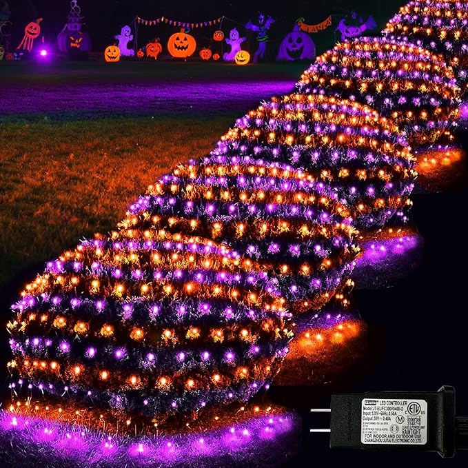 Halloween Net Lights, 510 LED Large Outdoor Net Mesh Lights for Bushes 28x5ft, 8 Modes Waterproof Twinkle String Light Connectable for Hedge Yard Decor, Orange and Purple