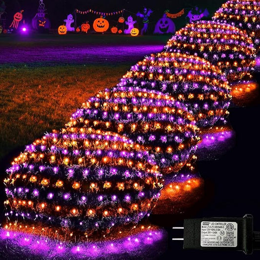Halloween Net Lights, 510 LED Large Outdoor Net Mesh Lights for Bushes 28x5ft, 8 Modes Waterproof Twinkle String Light Connectable for Hedge Yard Decor, Orange and Purple
