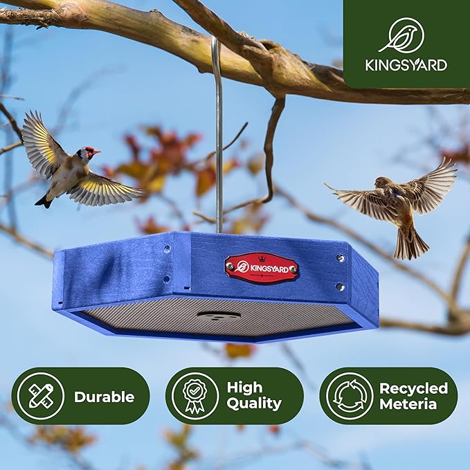 Kingsyard Large Hanging Platform Bird Feeder Weatherproof Durable, Recycled Plastic Tray with Metal Mesh, Easy Clean Outdoor Feeder for Cardinals Bluebirds Wild Birds, Blue