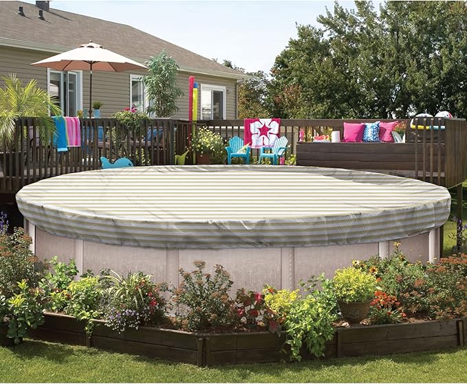 ECOOPTS 6 ft Round Pool Cover for Above Ground Pools, Swimming Pool Cover Protector Winter Safety Cover (Beige White Stripes)