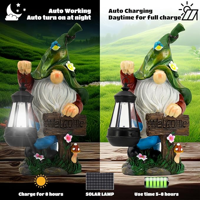 Garden Gnome Statue, Resin Figurine with Bright Solar Lantern Lights and Welcome Sign, Outdoor Solar Illumination Decorations for Indoor Patio Lawn Garden Room,Birthday Housewarming Gift