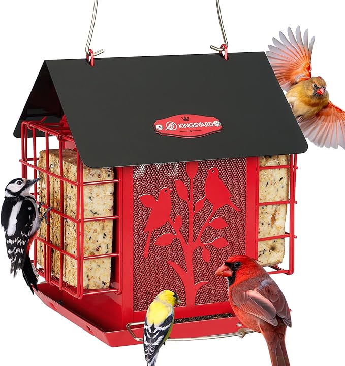 Kingsyard Metal Bird Feeder for Outdoor Hanging, Wild Bird Feeder with Double Suet Cage, Weatherproof Roof and 3 lbs Large Seed Capacity, Red