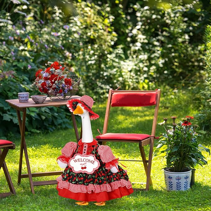 Lolita Goose Outfit Set for 23'' H Plastic Porch Cement Statue Cute Lolita Skirt Fall Spring Summer Goose Costume for Indoor Outdoor Yard Lawn Patio Art Decor(Cherry)