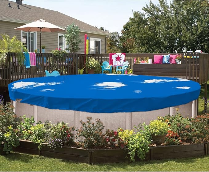 ECOOPTS 11 ft Waterproof Round Polyester Pool Cover for Above Ground Pools, Swimming Pool Cover Protector Winter Safety Cover (Blue Sky)