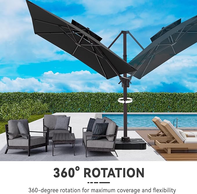 10x13 FT Cantilever Patio Umbrella with Base Included Double Top Outdoor Rectangular Large Heavy Duty Aluminum Offset Umbrellas with 7 Level Tilt 360-degree Rotation for Pool Garden Deck, Grey