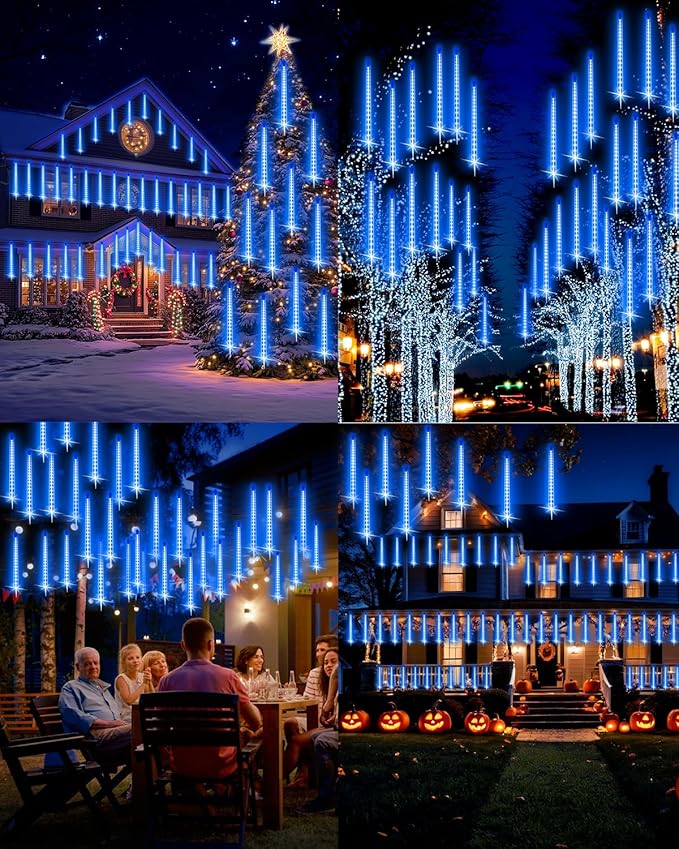 PEMOTech Christmas Lights Outdoor,16 Tubes (Equivalent to 2 Sets of 8-Tubes) Meteor Shower Lights,Waterproof Christmas Decorations for Xmas Tree Party, Outdoor Christmas Decorations,UL Plug,Blue