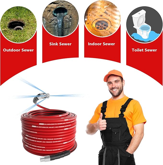 NaiNai 100FT Sewer Jetter Kit for Pressure Washer,1/4 Inch NPT Sewer Jetting Hose,Pressure Washer Drain Cleaner Hose 5800PSI with Sewer Jetter Nozzles, Gloves, Waterproof Tape, Apron (100FT)