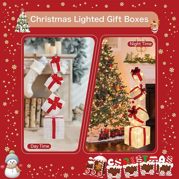 Set of 4 Christmas Lighted Gift Boxes, 3.3FT 70 LED Stackable Light Up Present Boxes for Christmas Decorations Indoor Outdoor Yard Lawn Porch Home Decor(4 Piece Set)