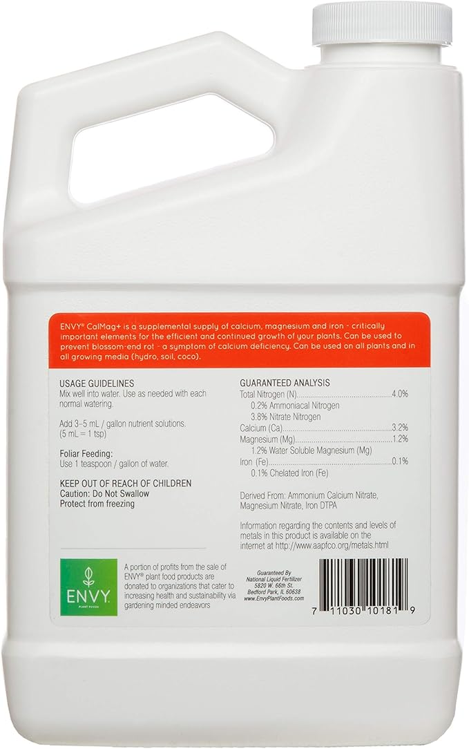 ENVY CalMag+ (4-0-0) Professional Grade Calcium, Magnesium and Iron Liquid Plant Food Supplement for Hydroponics & Soil (Quart)