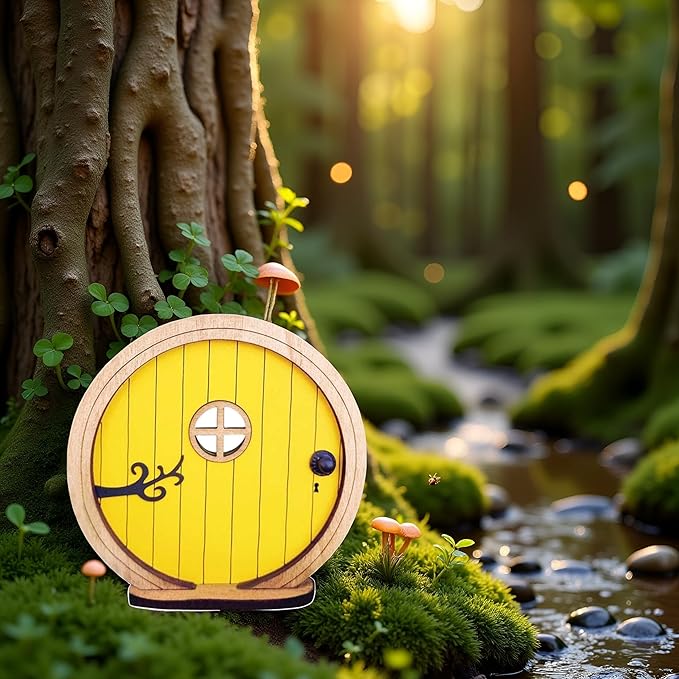 1Pc Fairy Garden Door for Tree, Fairys Doors for Trees Outdoor and Tree Trunk, Mini Fairy Garden Sculpture Lawn Ornament Decor, Fairytales Door Decoration，Gardens Miniatures (Yellow)