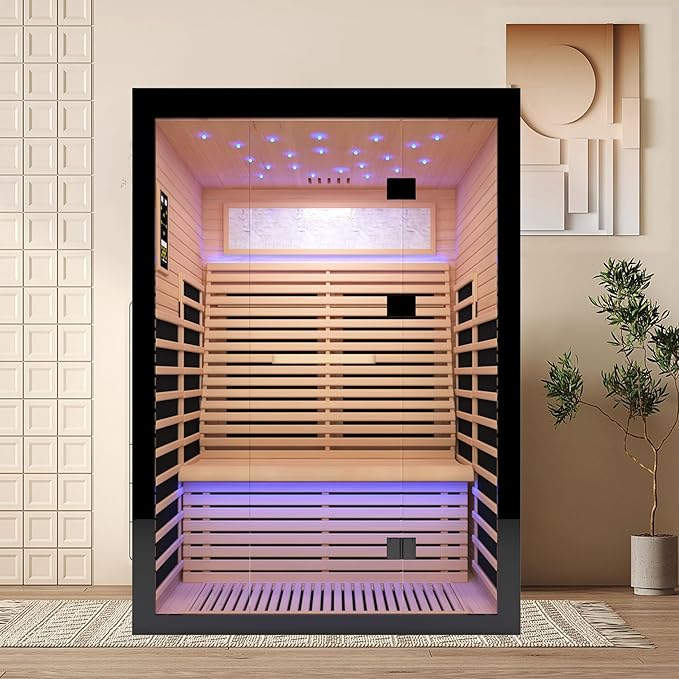 2 Person Infrared Sauna Home Indoor Sauna Canadian Hemlock Wooden Dry Sauna Room Low EMF 2160W with Oxygen Bar, 7 Color Therapy 53.1" x 47.2" x 74.8"