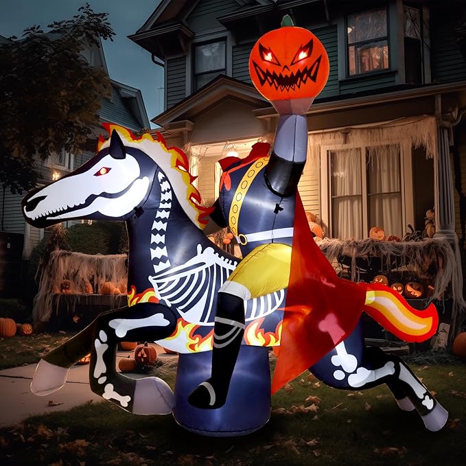 WBHome 9 Ft Halloween Inflatable Headless Horseman Outdoor Decorations, Day of The Dead Blow Up Yard Decor with Built-in LED Light (Plug in) for Lawn Home Dia de Los Muertos Party Indoor Outdoor