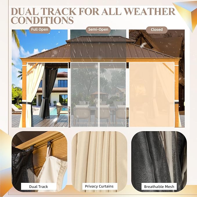 YOLENY 12'x16' Hardtop Gazebo, Wood Grain Aluminum Frame Outdoor Gazebo with Galvanized Steel Roof, Permanent Metal Pavilion with Curtains and Nettings for Patio, Backyard, Deck and Lawns