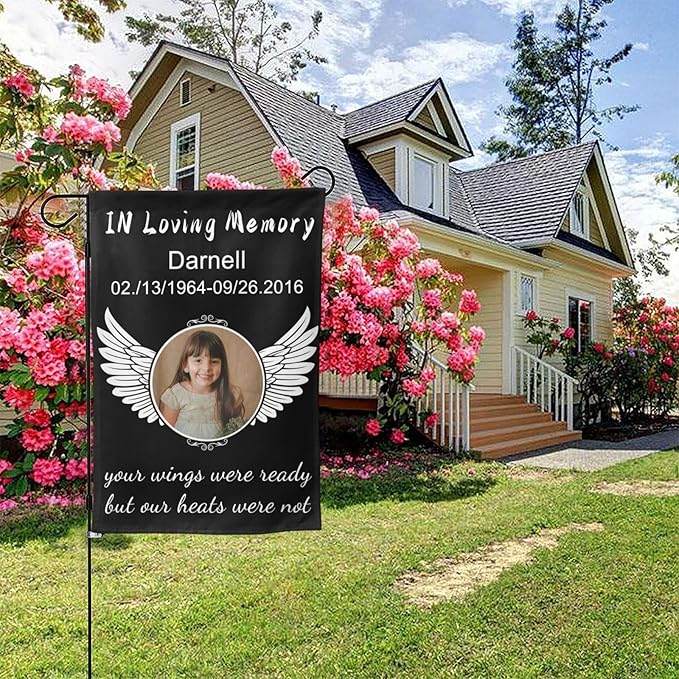 Custom Memorial Flag Personalized Garden Flag for Cemetery in Loving Memory with Photo Name Date Memory Garden Flags For Loss of Loved One Lawn Outdoor Double Sided Yard Flags (Memorial Funeral Flags 2, 28x40(in))