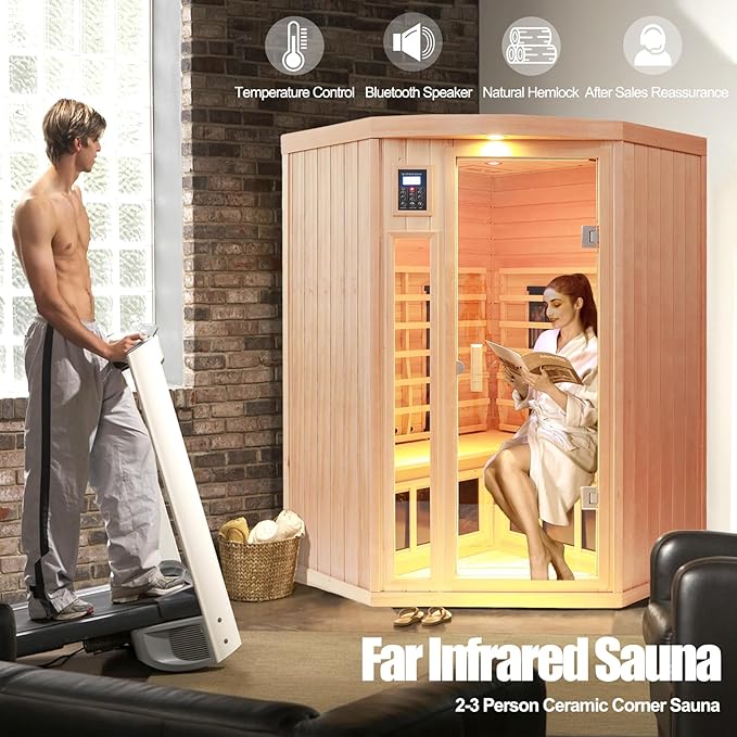 Ceramic Infrared Sauna 2 Person Far Infrared Sauna Low EMF Indoor Saunas for Home Hemlock Wooden Sauna Room with Bluetooth Speakers, LED Reading Lamps, Chromotherapy Lights
