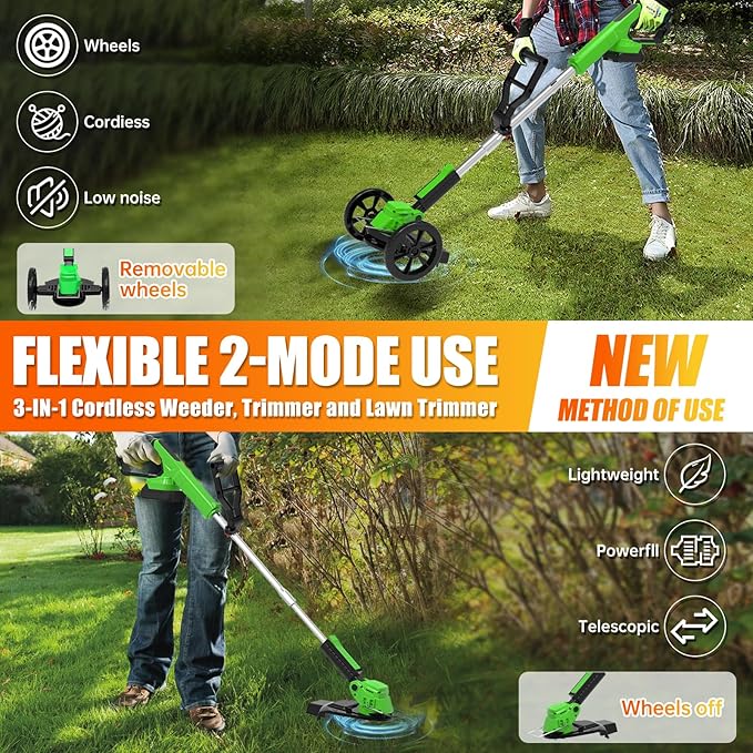 Electric Weed Wacker Eater Battery Powered Cordless String Trimmer, 21V Grass Trimmer Battery Operated Brush Cutter, 3 in 1 Lightweight Weed Trimmer/Lawn Edger/Trimmer Edger for Yard Garden