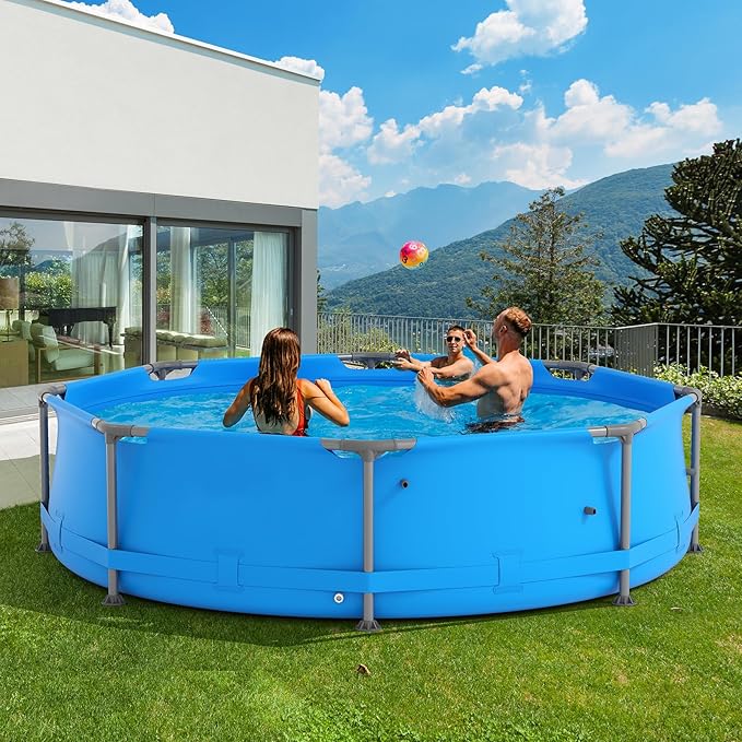 GYMAX 10ft x 30in Metal Frame Above Ground Swimming Pool, Outdoor Backyard Famliy Pool Set with Puncture-Resistant Fabric, Drainage Valve Connector for Kids & Adults (10' x 30", Round, Blue)
