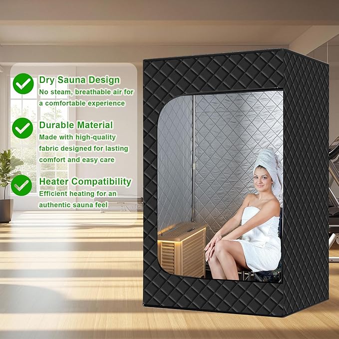 Far Infrared Home Dry Sauna Box 1-2 Person, Portable Personal Full Body Indoor Sauna for Relaxation with 1500W 110V Electric Heater,2 Folding Chair, 47.2 x 35.4 x 70.9 inches Black