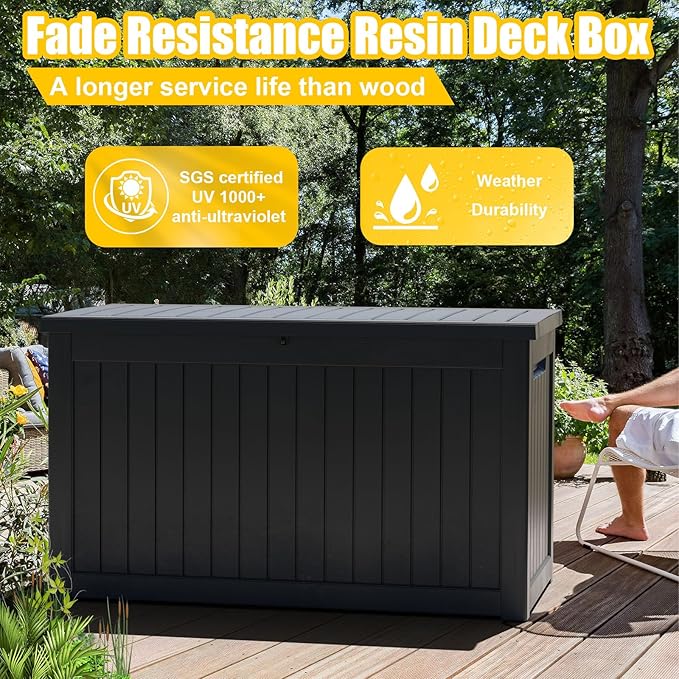 DRATO 280 Gallon Deck Box, Outdoor Large Waterproof Resin Storage Box with Lockable Lid for Patio Cushions, Gardening Tools, Black