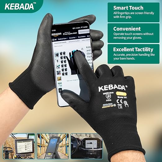 Kebada Safety Work Gloves,120 Pairs Bulk Pack, Touchscreen, PU Coated, Ideal for Warehouse, Construction, Gardening and Mechanics, Black, Small