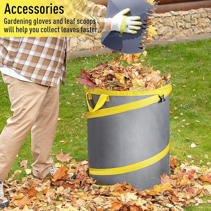 JARDINEER 30-Gallon Collapsible Trash Can for Camping Garbage, Pop Up Garden Bag Resuable, Lawn Set include Yard Waste Container, Leaf Scoops and Gloves