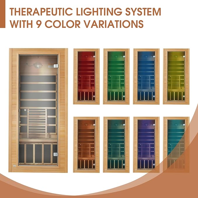 springspa Far Infrared Sauna for Home, Near Zero EMF Wood Home Sauna Room with 1400W, 9 Chromo Therapy Lights, Oxygen Ionizer, Bluetooth, LCD Control Panel for Indoor Use, 1 Person