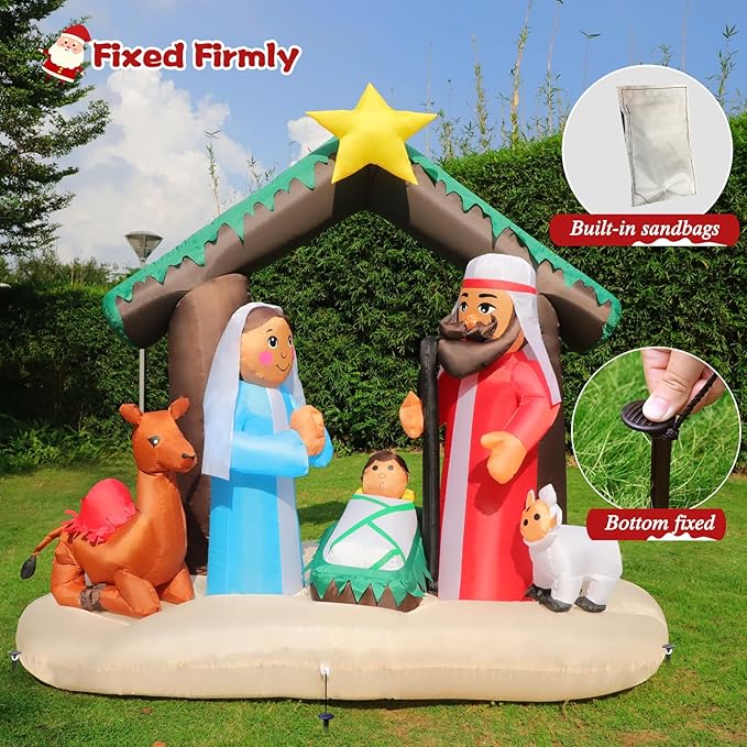 7FT Christmas Inflatable Nativity Scene with Baby Jesus, Parents, Donkey, Sheep, Star, Blow Up Manger Set Indoor & Outdoor Decorations, Built-in LED Lights for Garden, Lawn, Yard, Christmas Parties