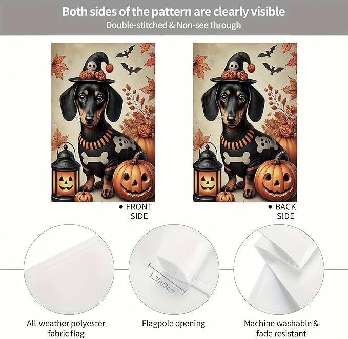 Halloween Garden Flag 12x18 Dachshund Pumpkin Witch Hat Double Sided Polyester Flag