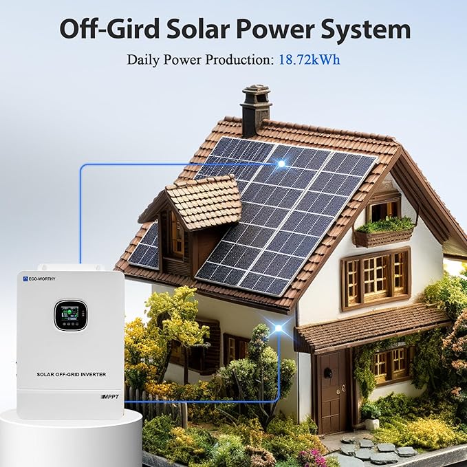 ECO-WORTHY 10KW Output 18.72KWH Home Solar Power System Complete kit:24pcs 195W Solar Panel(4680W)+10KW 120V/240V Inverter + 4pcs 48V 100AH Lithium Battery,for Off Grid/Energy Freedom